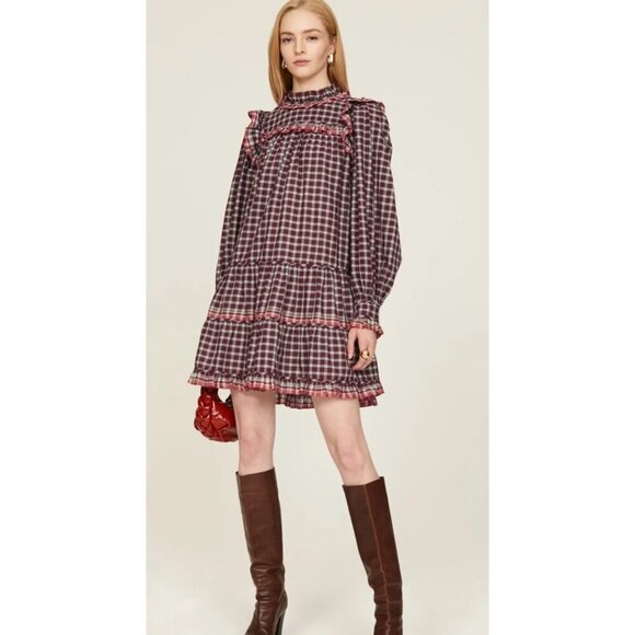 Ulla Johnson Elm Plaid Ruffle Mini Dress Size 8 Burgundy Check Long Sleeve - Picture 3 of 13
